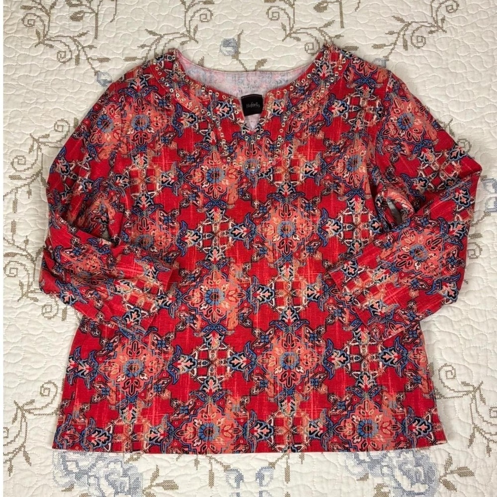 Rafaella Top Womens Large Red Excellent Medallion Print 3/4 Sleeve Grommet